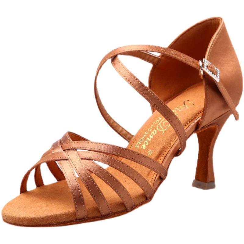 FABADANCE professional Latin dance shoes female adult heel high heels satin soft bottom denim is just black silver