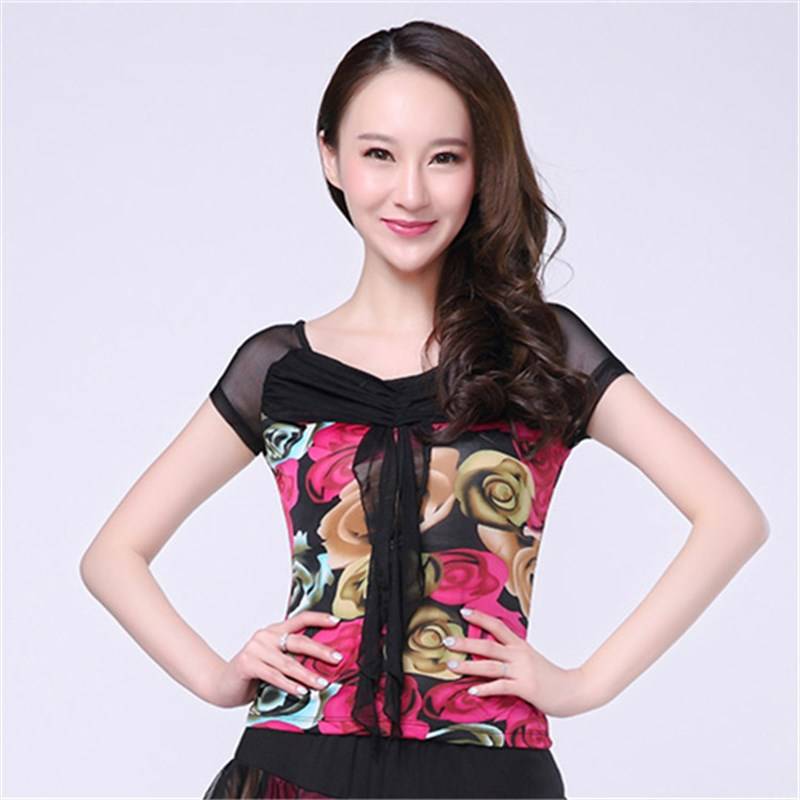 Square dance clothing summer large size dance clothes short -sleeved print top dance dance jacket adult female Latin dance exercise uniform