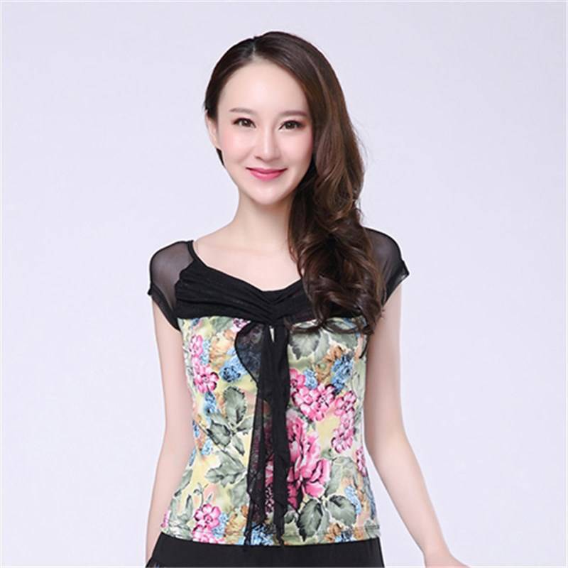 Square dance clothing summer large size dance clothes short -sleeved print top dance dance jacket adult female Latin dance exercise uniform