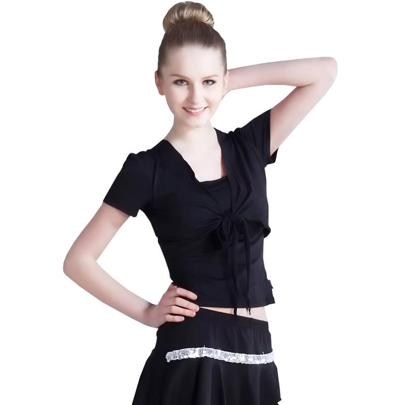 Latin dance exercise female modern dance bottom shirt black dance clothes, fake two straps short -sleeved short -sleeved dancing clothes