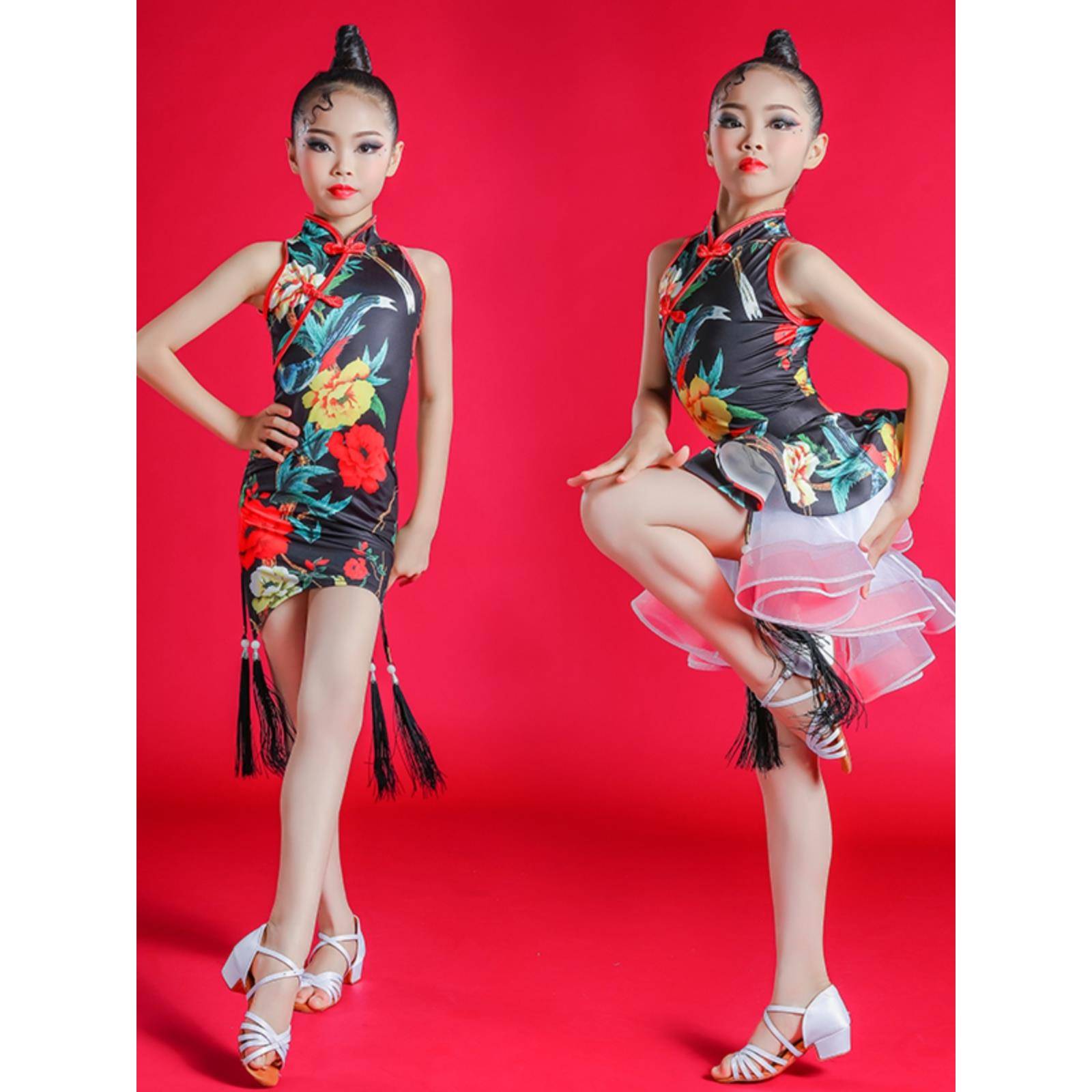 Summer children's Latin dance service girls cheongsam gauze skirt Latin dance watch show children Latin dance exercise uniform