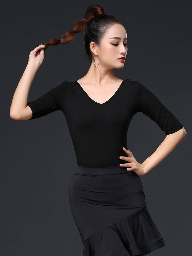 Latin dance top new dance clothing adult women's exercise, modern dance modern dance jacket performances V -neck black