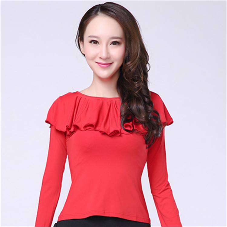 Plaza dance clothing top new dance jacket exercise service female autumn and winter long sleeve lotus leaf round neck Latin dance exercise uniform