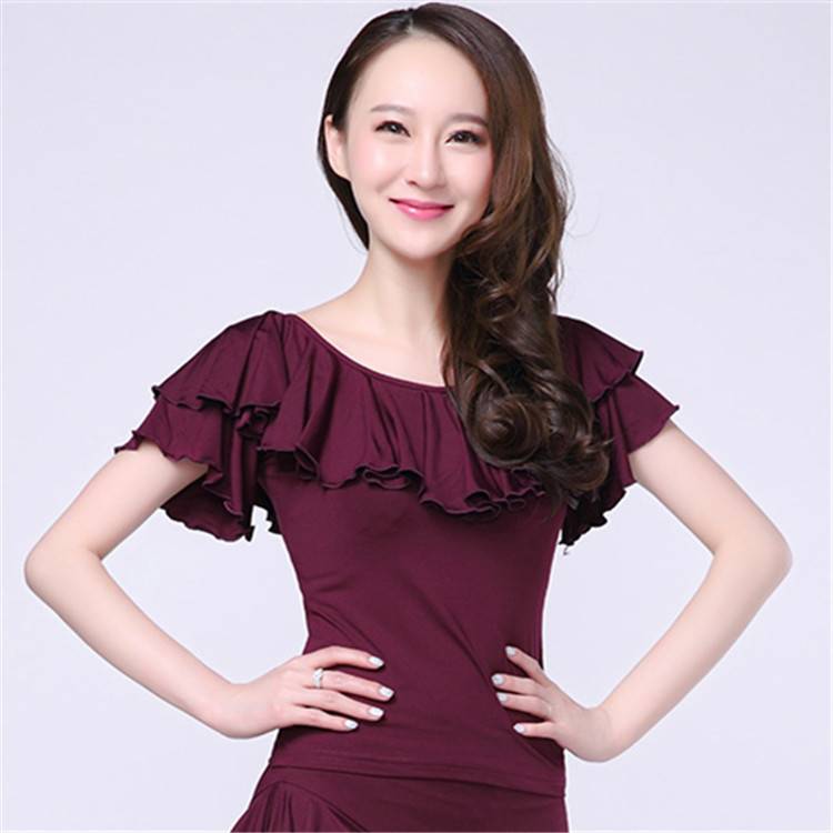 Plaza dance clothing top new dance jacket exercise service female autumn and winter long sleeve lotus leaf round neck Latin dance exercise uniform