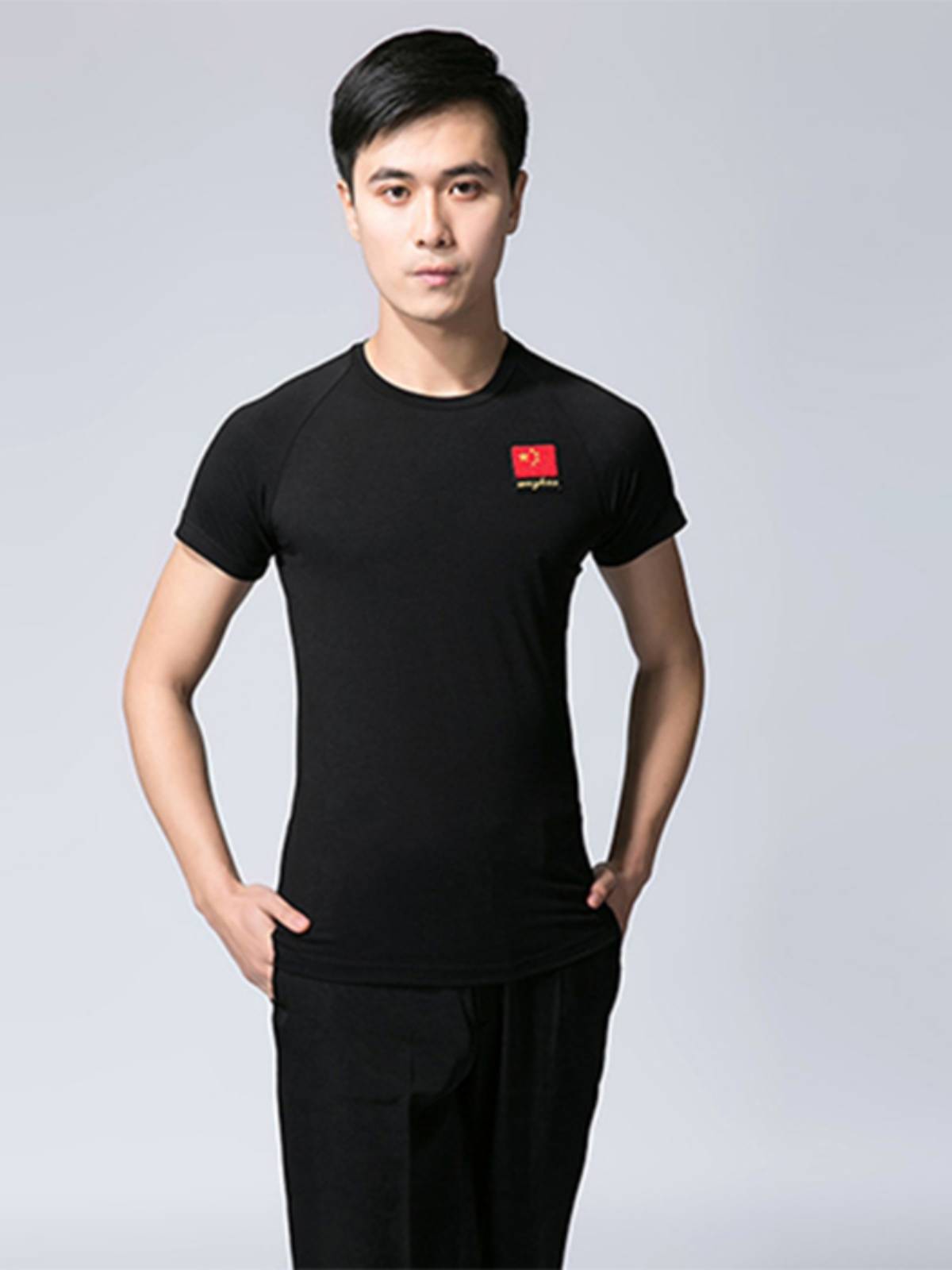 Summer new Latin dance service male black modern dance short -sleeved shirt T -shirt national standard dance square dance dance practice service
