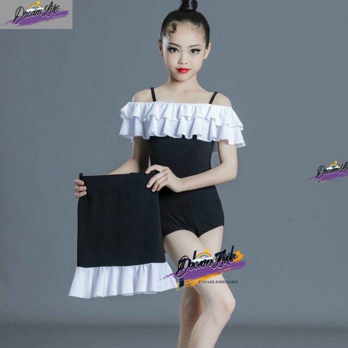 2024 new children's Latin dance exercise professional girl black and white stitching competition summer high -end suspender regulations