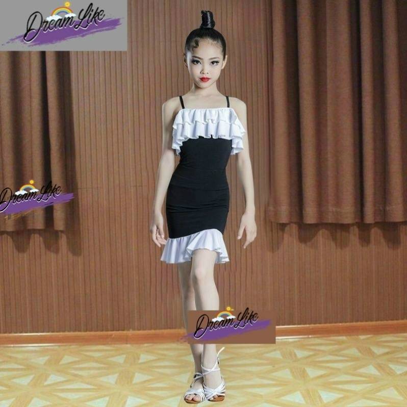 2024 new children's Latin dance exercise professional girl black and white stitching competition summer high -end suspender regulations