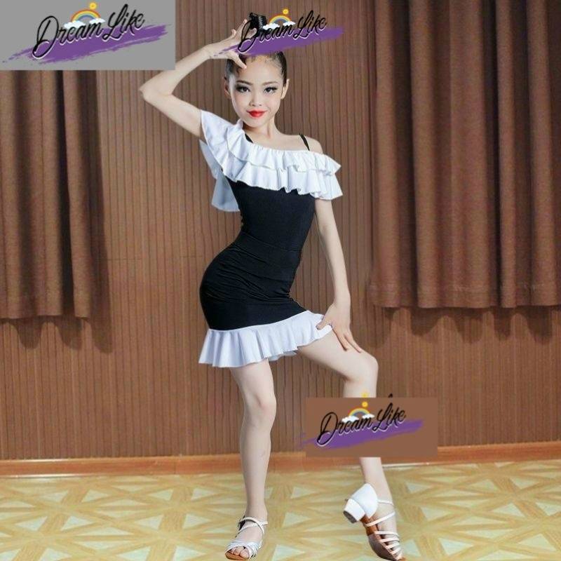 2024 new children's Latin dance exercise professional girl black and white stitching competition summer high -end suspender regulations