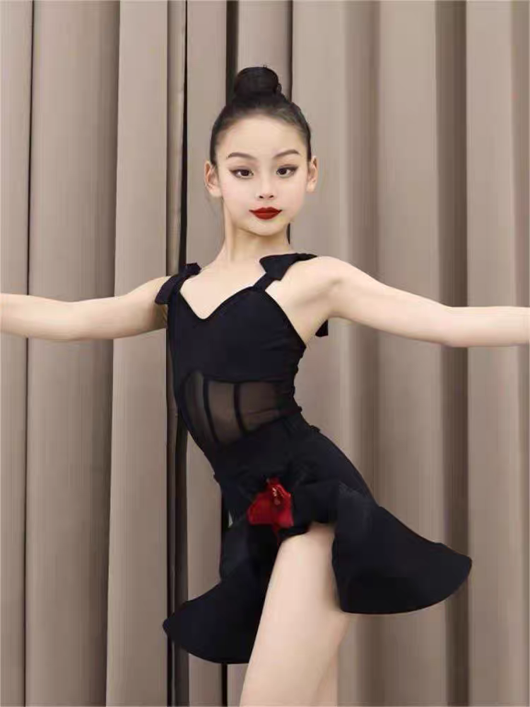2024 spring and summer new Latin dance service children and girls practice black mesh personality suspenders practice service