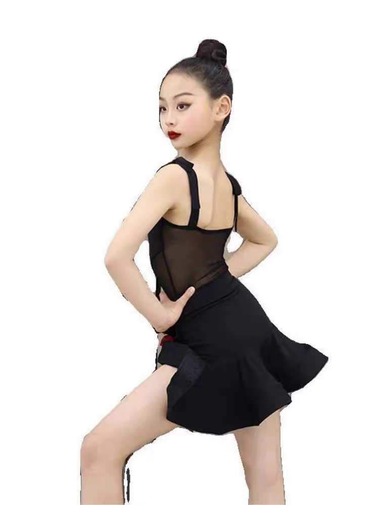 2024 spring and summer new Latin dance service children and girls practice black mesh personality suspenders practice service