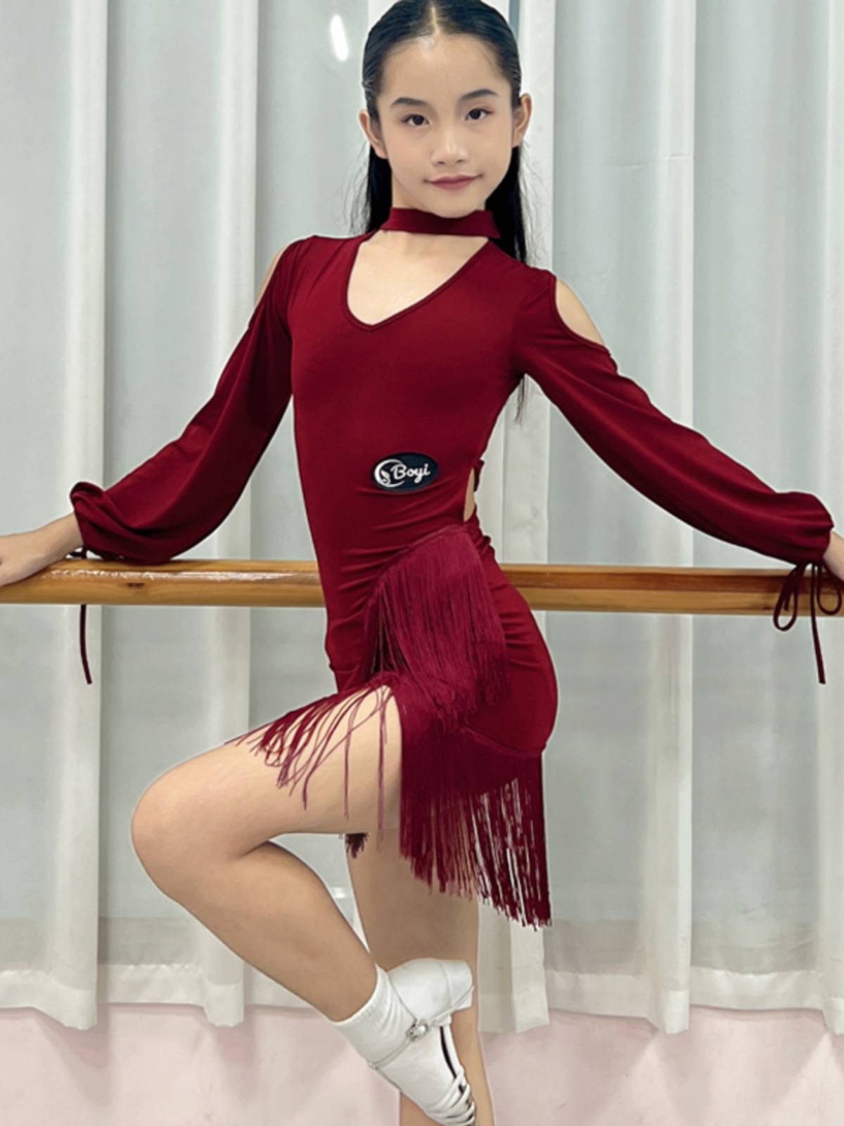 Boyi Children's Latin Dance Set Skirt Skin Su Professional Examination Performance Performing Girls Long Sleeve Competition Training Higher