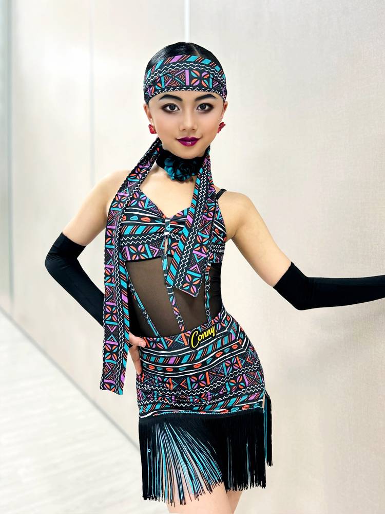 Connie Spring and Summer New Latin Dance Suel Skirt Children's Dance Practice Drinking Skin Set Children's Performance Performance Services