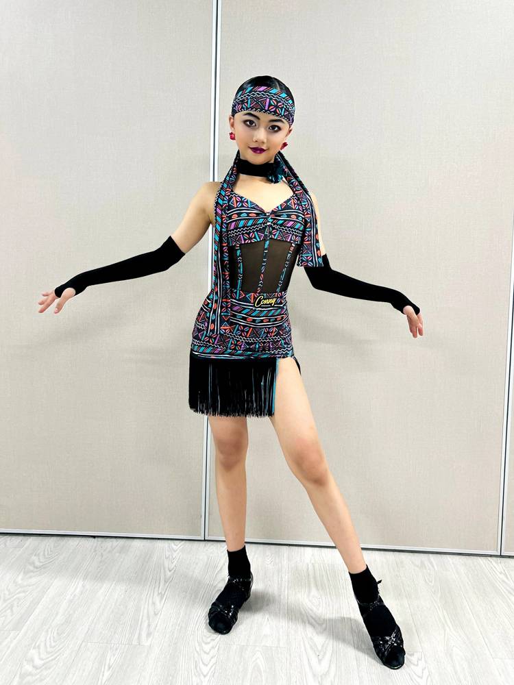 Connie Spring and Summer New Latin Dance Suel Skirt Children's Dance Practice Drinking Skin Set Children's Performance Performance Services