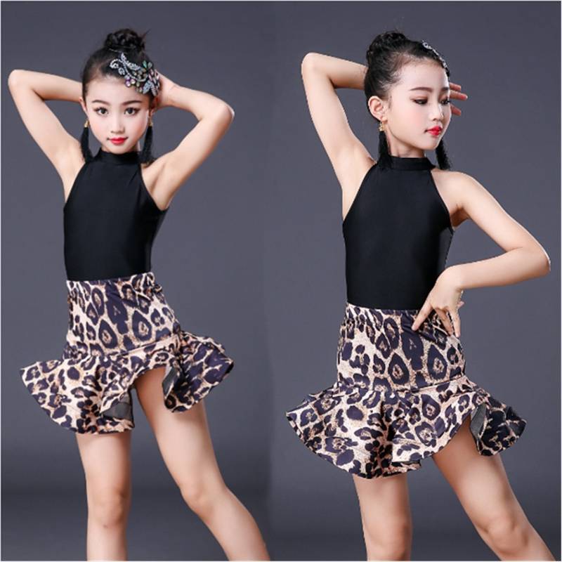 Girls Latin dance skirt children Latin dance service children's split practice service test contest performance service leopard print autumn