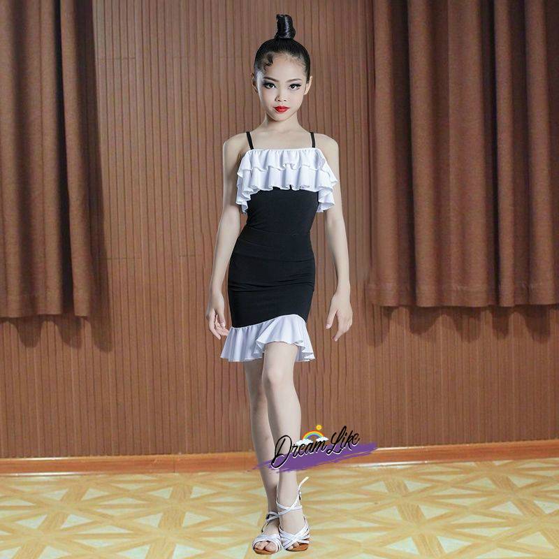 Children's Latin dance service 2024 new girl practice high -end black and white stitching competition regulations for suspender performance set