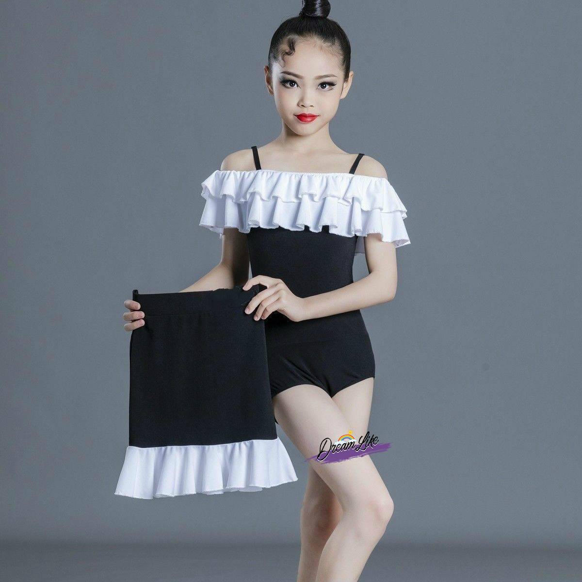 Children's Latin dance service 2024 new girl practice high -end black and white stitching competition regulations for suspender performance set