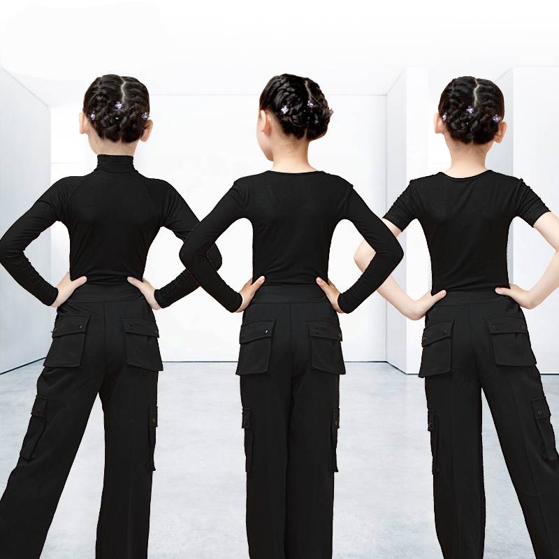 Children and girls Latin dance, practice, practice, boys, boys, boys, black short -sleeved summer dance clothing