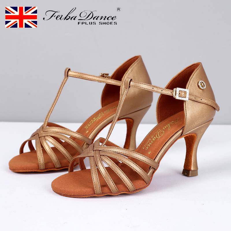 FB Latin dance shoes female adult black red -bottom patent leather satin dancing shoes medium high heel practice shoes black palm oil color