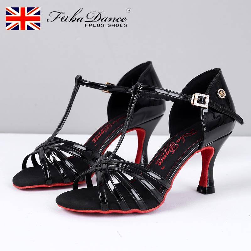 FB Latin dance shoes female adult black red -bottom patent leather satin dancing shoes medium high heel practice shoes black palm oil color