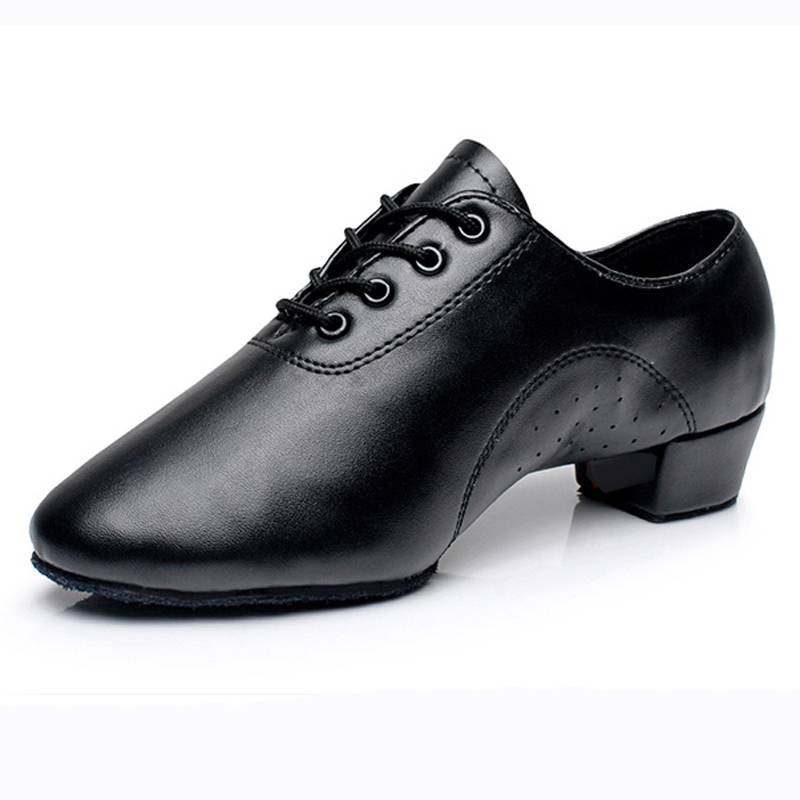 Latin dance shoes adult boys soft leather patent leather black just soft bottom denim two -point professional Lunba dance shoes