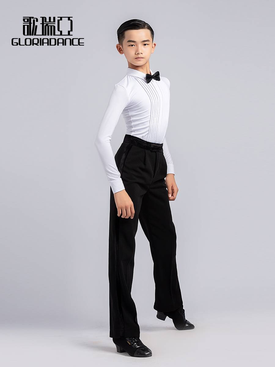 Golia Children's Dance New Men's Latin Long -sleeved White Shirt Black Pants Practice Competition 5104