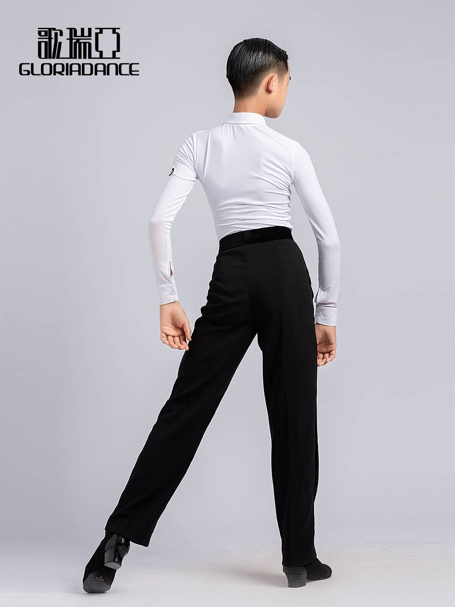 Golia Children's Dance New Men's Latin Long -sleeved White Shirt Black Pants Practice Competition 5104