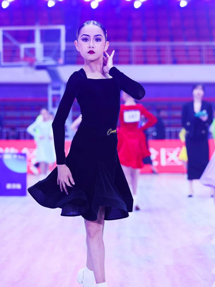 Conny Latin dance clothing professional Black pond competition service standard dance fish bone skirt performance service long sleeves