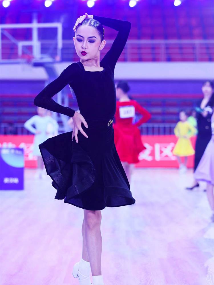 Conny Latin dance clothing professional Black pond competition service standard dance fish bone skirt performance service long sleeves