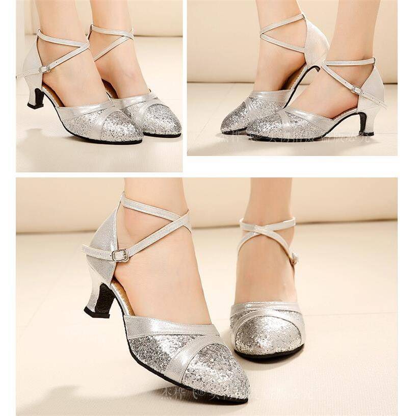 2024 new silver Latin dance shoes women's mid -heel dance shoes friendship square dancing soft bottom high heel performance