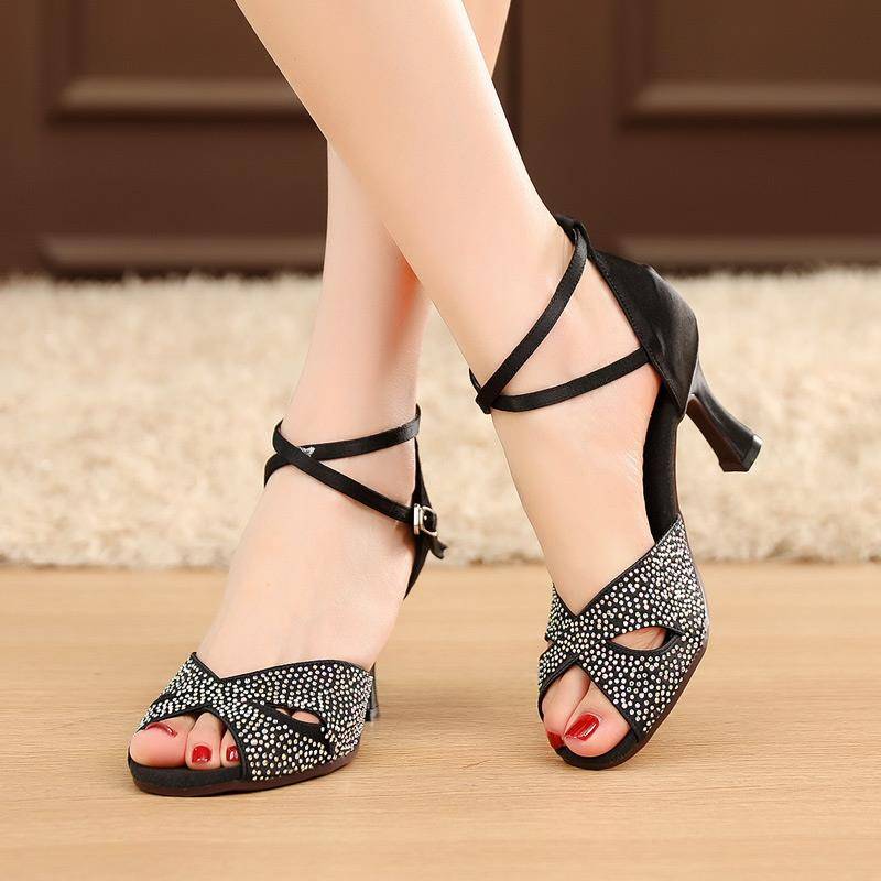 Summer women's Latin dance shoes adult medium heel with drilling fish mouth soft bottom plaza friendly dance dance shoes
