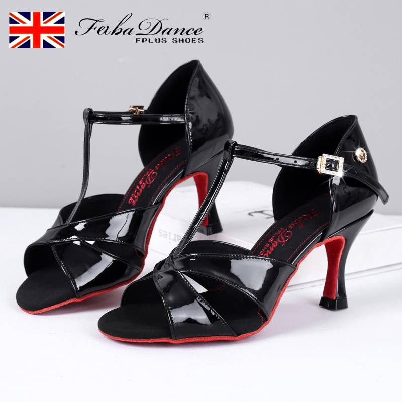 Fabadance Latin Dance Shoes Female Adult Soft Bottom Medium High Heel Dance Shoes Black Light Black Leather Red Bottom Palm Palm Dance Shoes