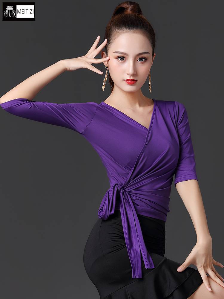 Latin dance top female summer new adult girl practice jumping Mo Deng Guojie Friendship Dance Dance Tie Midtop Long Sleeve