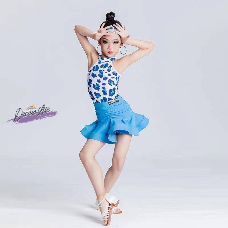 2024 new female middle school children in summer hanging neck Latin dance training skills professional dance skirt set with chest pads