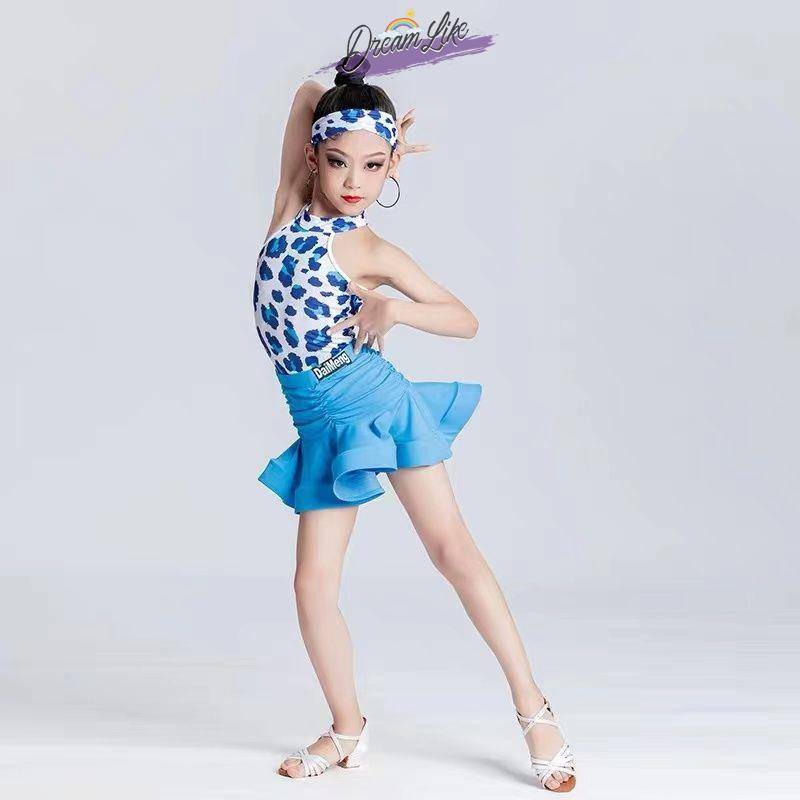 2024 new female middle school children in summer hanging neck Latin dance training skills professional dance skirt set with chest pads