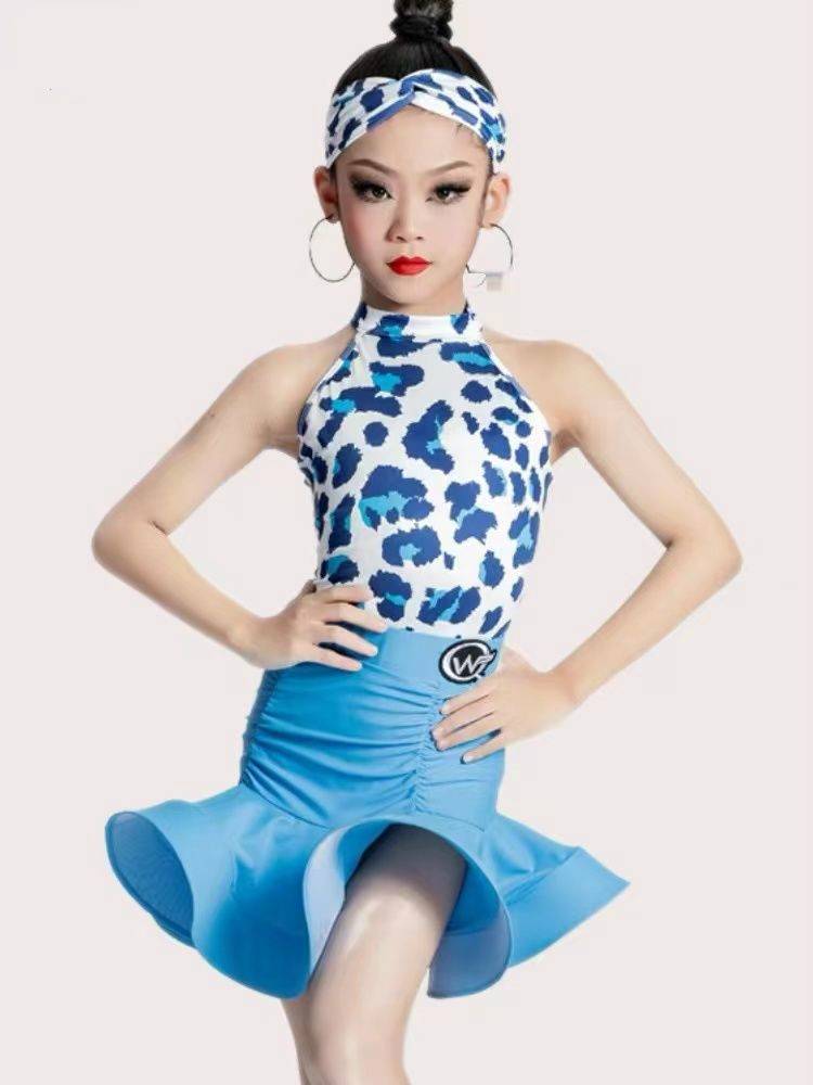 2024 new female middle school children in summer hanging neck Latin dance training skills professional dance skirt set with chest pads