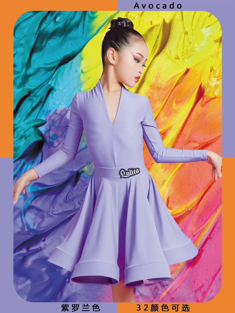Lolita's new spring mid -long -sleeved V -neck dance skirt girl children competition stipulated performance service grade
