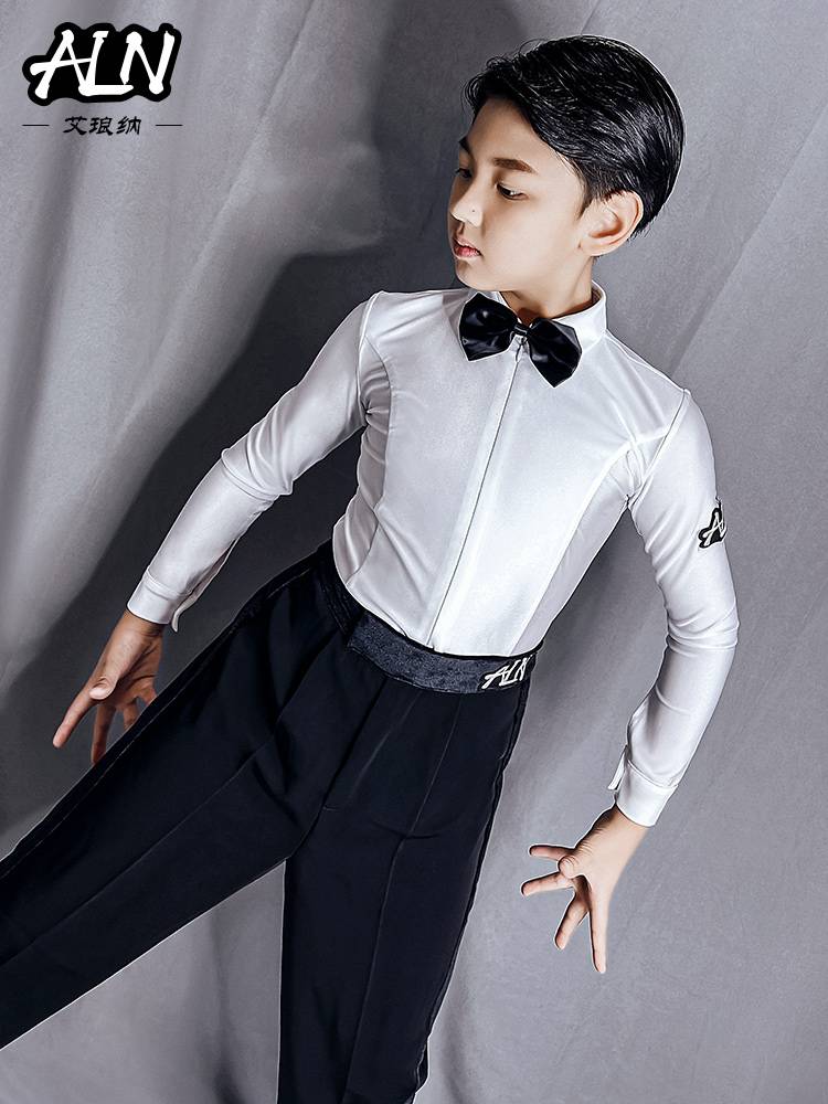 Alangda Boys Latin Modern Dance White Shirt Trippot Performance Competition Standardment Standardment of Children's denim dance service new