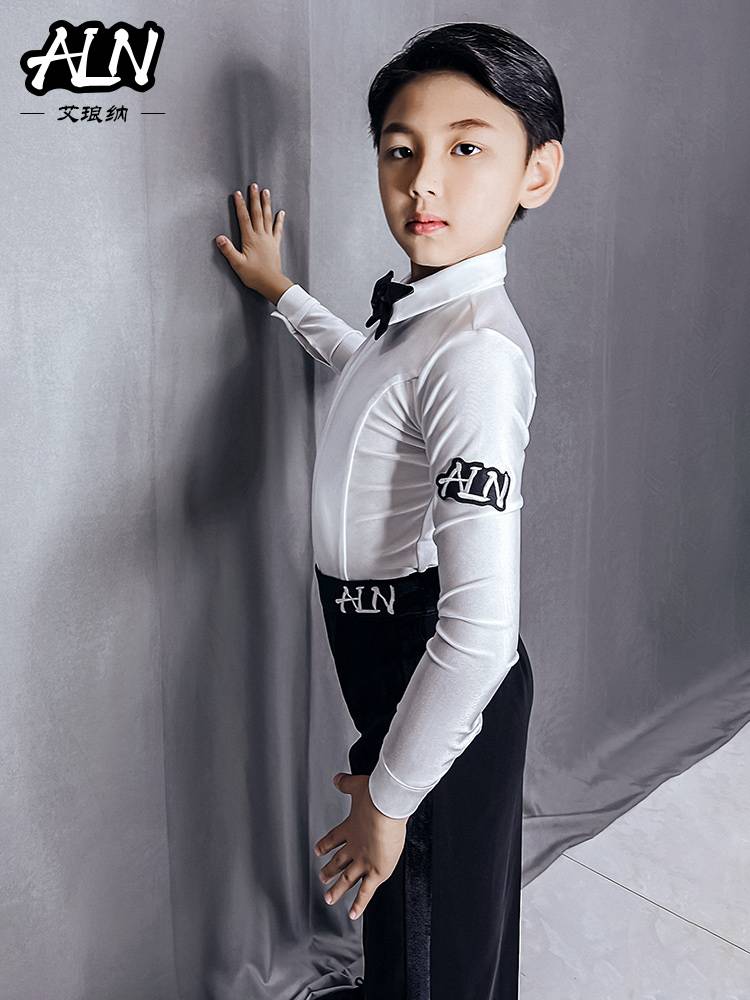 Alangda Boys Latin Modern Dance White Shirt Trippot Performance Competition Standardment Standardment of Children's denim dance service new