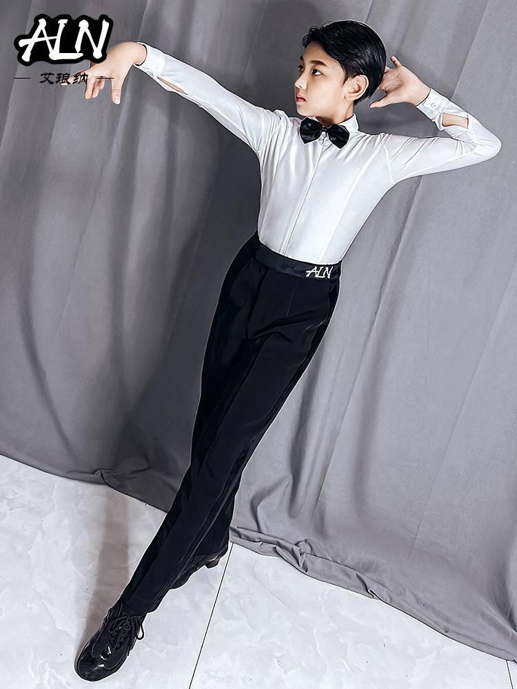 Alangda Boys Latin Modern Dance White Shirt Trippot Performance Competition Standardment Standardment of Children's denim dance service new