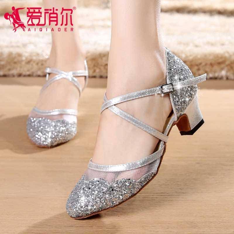 Latin dance shoes adult ladies among soft bottom dance shoes wearing fashion silver dance shoes square dance shoes performance