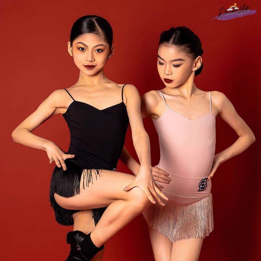 Children's Latin Dance 2024 new high -end training service girl suspender band -juka jackets, streaming skirt test summer