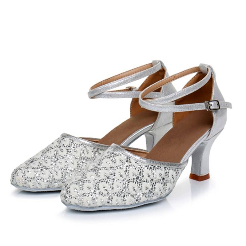 Autumn and Winter Lauding Dance Shoes Ms. adult middle and high -heeled beginners soft K bottom square friend silver dance