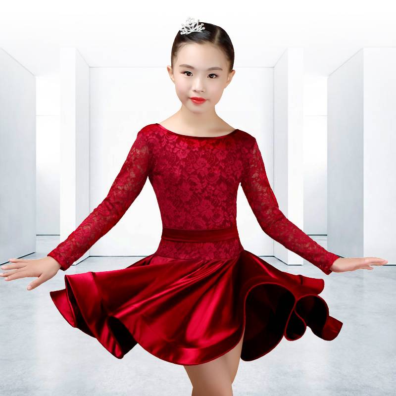 Children and girl Latin dance skirt green big lace girl professional long -sleeved performance competition stipulates summer