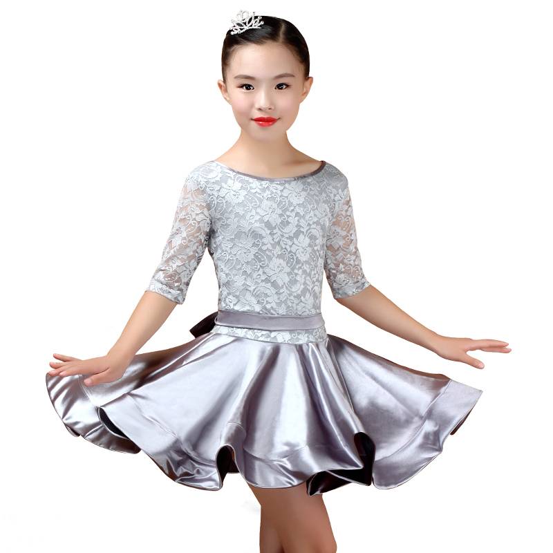 Children and girl Latin dance skirt green big lace girl professional long -sleeved performance competition stipulates summer