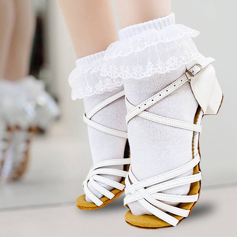 Latin dance socks spring and summer thin children's test competition lace princess white with leather shoe cotton dance lace socks