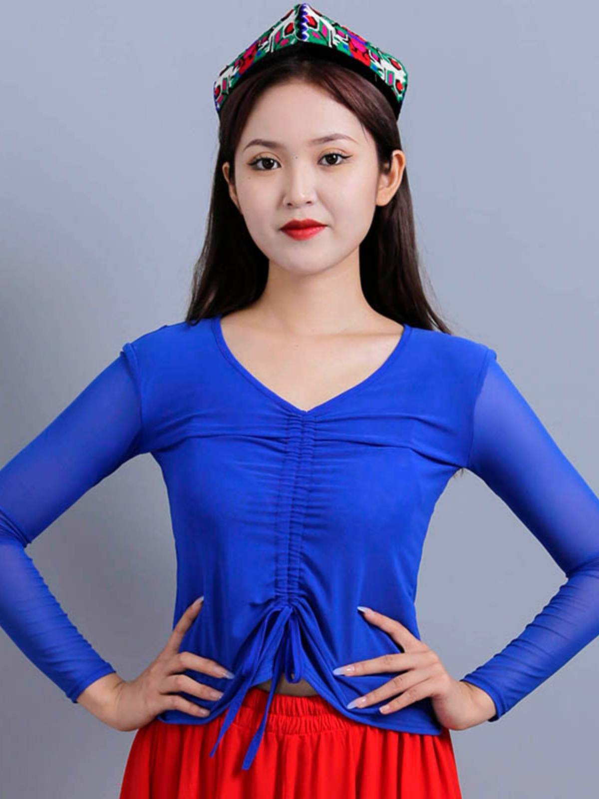 Dance practice net gauze small shirt female adult slim -fitting art test shirt Latin dance performed Xinjiang dance service square dance