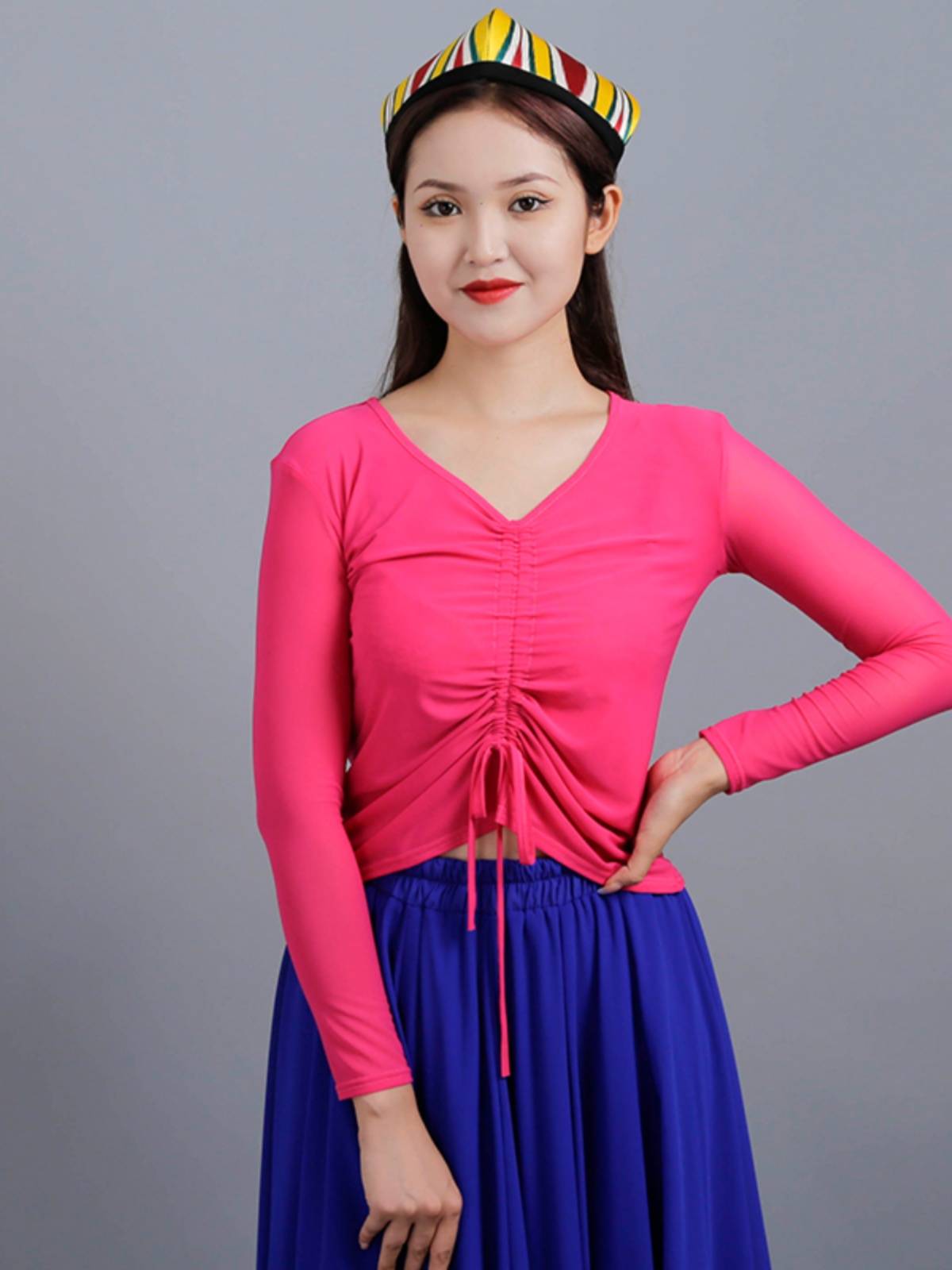 Dance practice net gauze small shirt female adult slim -fitting art test shirt Latin dance performed Xinjiang dance service square dance