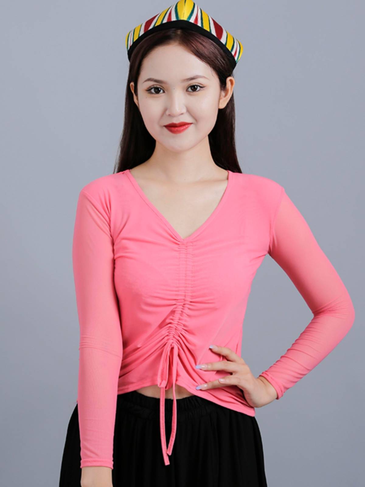 Dance practice net gauze small shirt female adult slim -fitting art test shirt Latin dance performed Xinjiang dance service square dance
