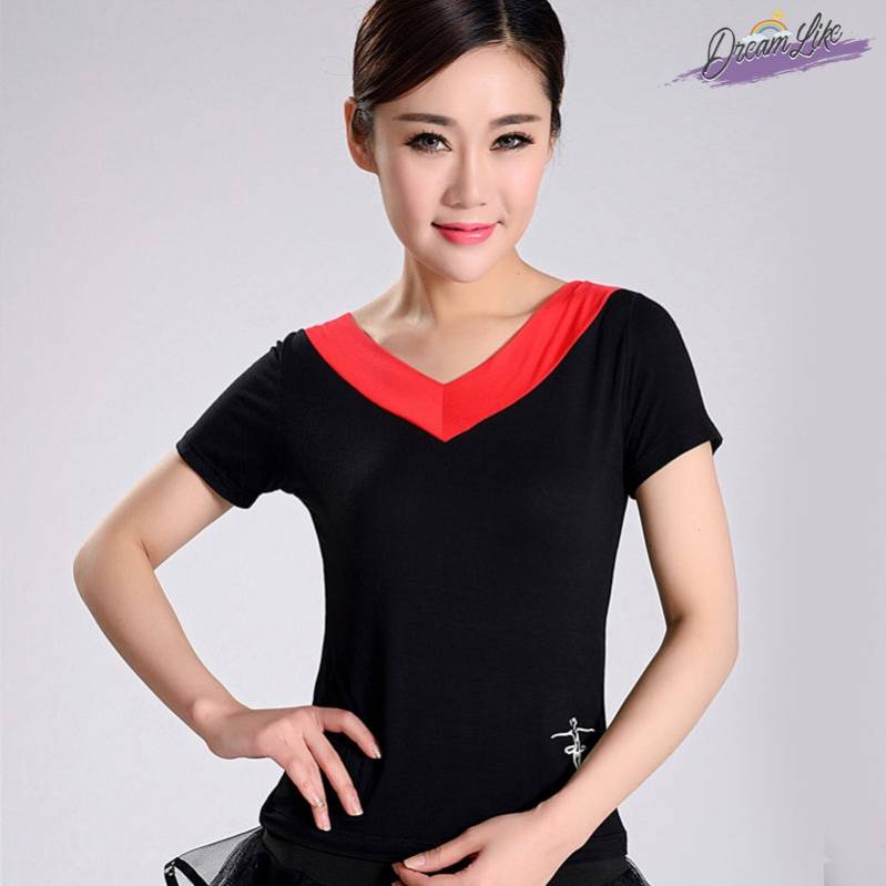 Spring and Summer Mador Plaza Dance Clothing Top Latin Dance Short -sleeved V -neck Adult Practice Dancing Woman