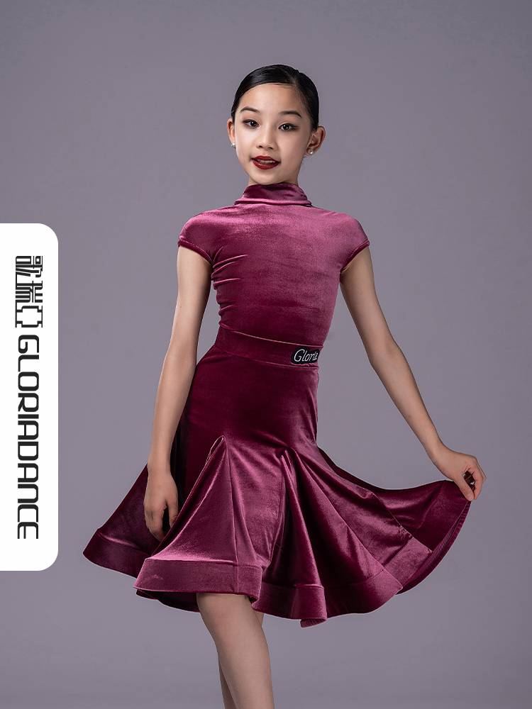 Goliya Latin Dance Girls Spring and Summer new velvet small high -necked short -sleeved fish bone competition regulations